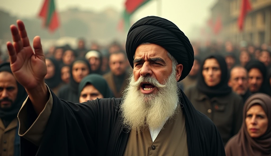 An old, grainy photograph of an Iranian revolutionary cleric passionately addressing a crowd. The cleric, with a flowing white beard and black turban, is captured mid-speech, his expression a mix of anger and inspiration. The Iranian men and women in the background, the women in hijabs, are blurred slightly, emphasizing the focus on the cleric. The image's quality reflects the limitations of the period’s cameras, adding to the sense of history.