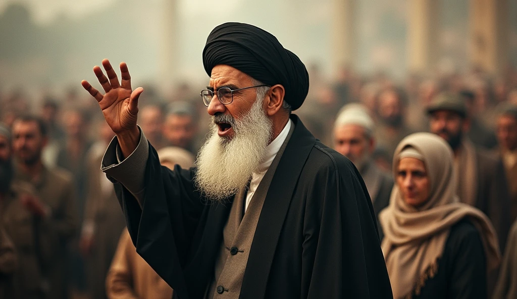 An old, grainy photograph of an Iranian revolutionary cleric passionately addressing a crowd. The cleric, with a flowing white beard and black turban, is captured mid-speech, his expression a mix of anger and inspiration. The Iranian men and women in the background, the women in hijabs, are blurred slightly, emphasizing the focus on the cleric. The image's quality reflects the limitations of the period’s cameras, adding to the sense of history.