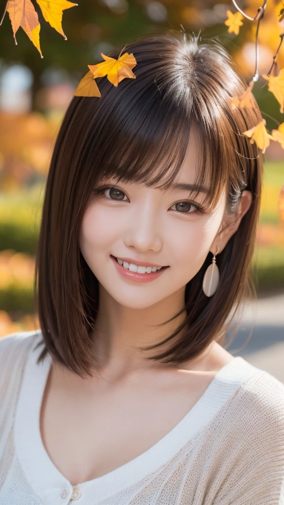 one girl, (a beauty girl, Delicate girl:1.3), (:1.3),
break, (Tree-lined avenue in autumn:1.2), (cardigan:1.2),
break, very fine resolution, (symmetrical eyes:1.3),
break, small breasts, brown eyes, parted bangs, brown hair,  girl,
break, (Eye and face details:1.0), (get closer to the face, zoom in on the face, face focus:1.0),
break, (masterpiece, highest quality, super detailed, detailed face, 8K)、From above、earrings、hair blowing in the wind、blush your cheeks、smile、white teeth、high angle、super realistic photos、Ginkgo leaves on my head