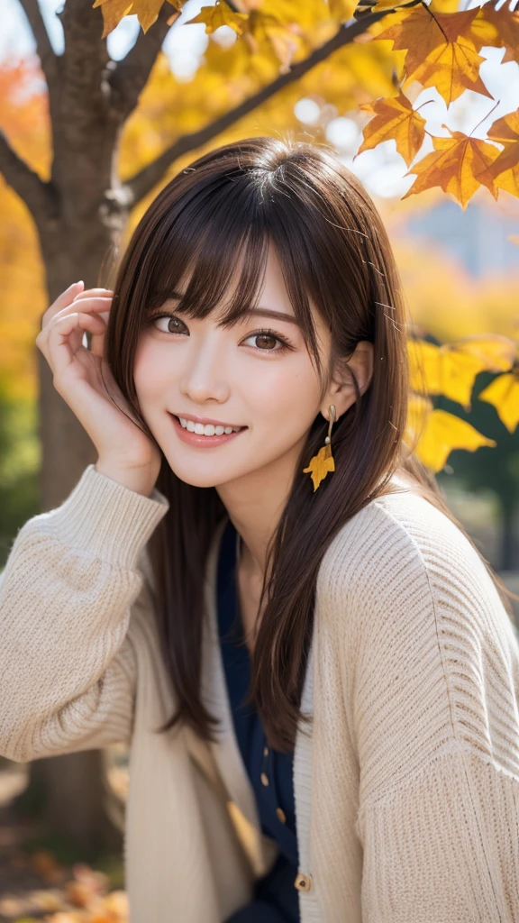 one girl, (a beauty girl, Delicate girl:1.3), (:1.3),
break, (Tree-lined avenue in autumn:1.2), (cardigan:1.2),
break, very fine resolution, (symmetrical eyes:1.3),
break, small breasts, brown eyes, parted bangs, brown hair, girl,
break, (Eye and face details:1.0), (get closer to the face, zoom in on the face, face focus:1.0),
break, (masterpiece, highest quality, super detailed, detailed face, 8K)、From above、earrings、hair blowing in the wind、blush your cheeks、smile、white teeth、high angle、super realistic photos、Ginkgo leaves on my head