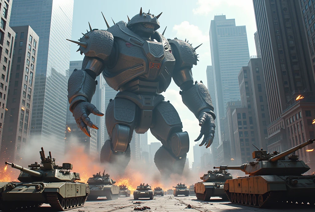 giant mecha is fighting a humongous kaiju in a city, skyscrappers, army fighting the kaiju,