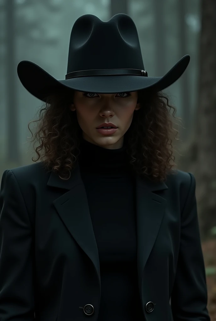  with a black cowboy hat, long curly hair, Black turtleneck 