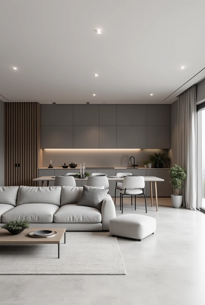 Living room interior design viewing the dining and the kitchen. White ceiling and tile floor finish light grey use a grey monochromatic interior