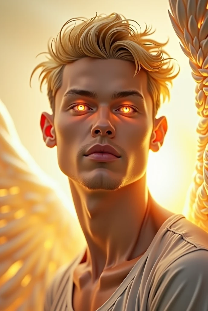 Short haired blond man in his thirties with shiny golden eyes as an angel