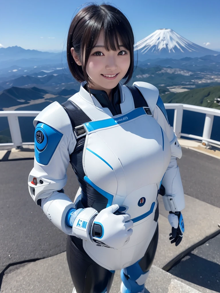 Japanese female android,Black Hair,White and blue robot suit,Plump,Standing on the summit of Mount Fuji in summer,Close-up,smile,
