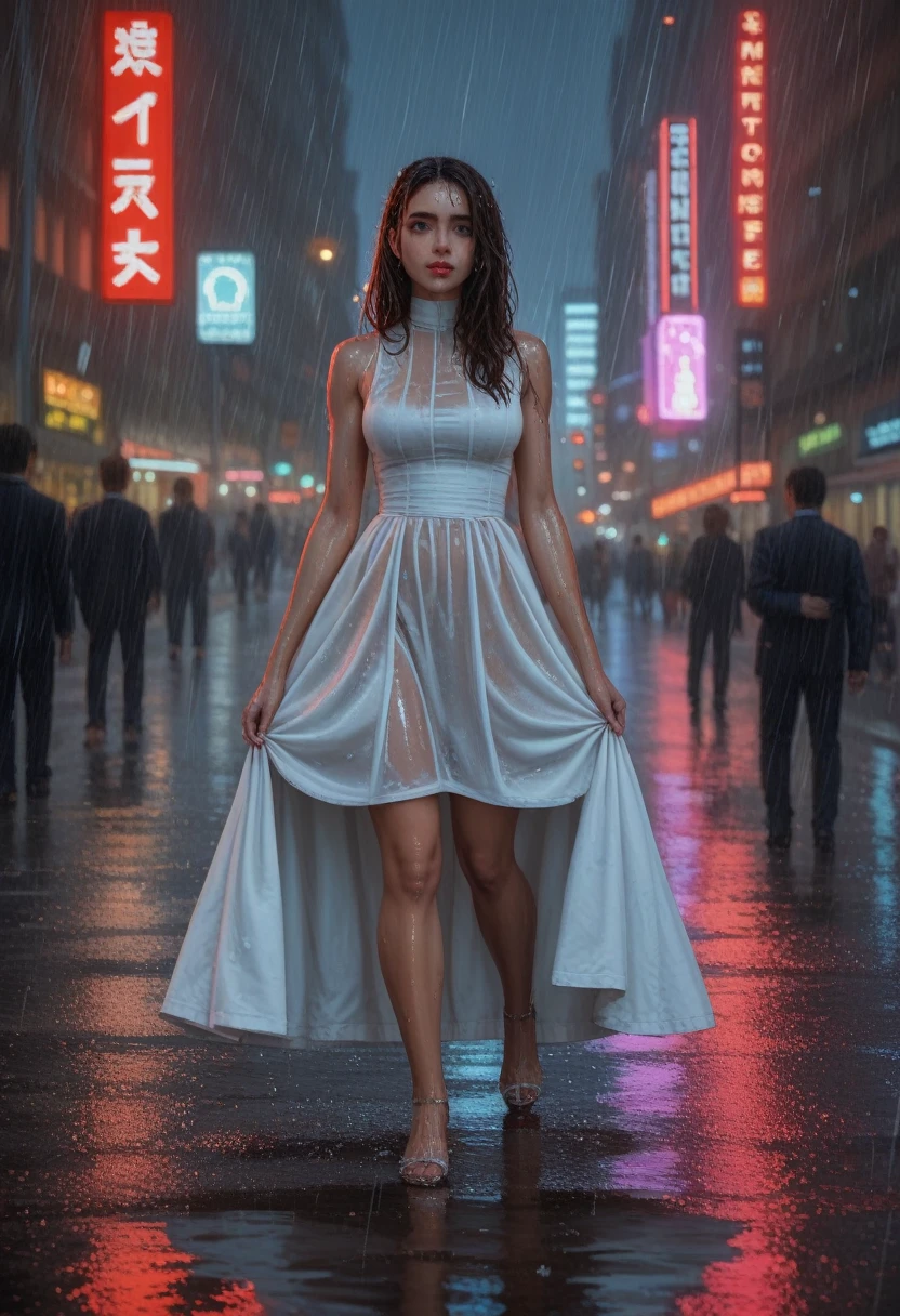 a beautiful cyborg woman, intricate details, masterpiece, absurdres, beautiful figure, slim body, magnificent anatomy, intricate details:1.12, HDR, intricate details, hyper-detailing:1.15, natural skin textures, hyper realistic, soft light, sharp:1.2, walking through a crowded city street, squatting, wet dress, performance, defile, cityscape, modern architecture, neon lights, rainy environment, reflective surfaces, dramatic lighting, heavy rain, raindrops, downpour, wet hair, wet pussy, (best quality, 4k, 8k, highres, masterpiece:1.2), vivid colors, high resolution, ultra-detailed, professional, bokeh, portraits