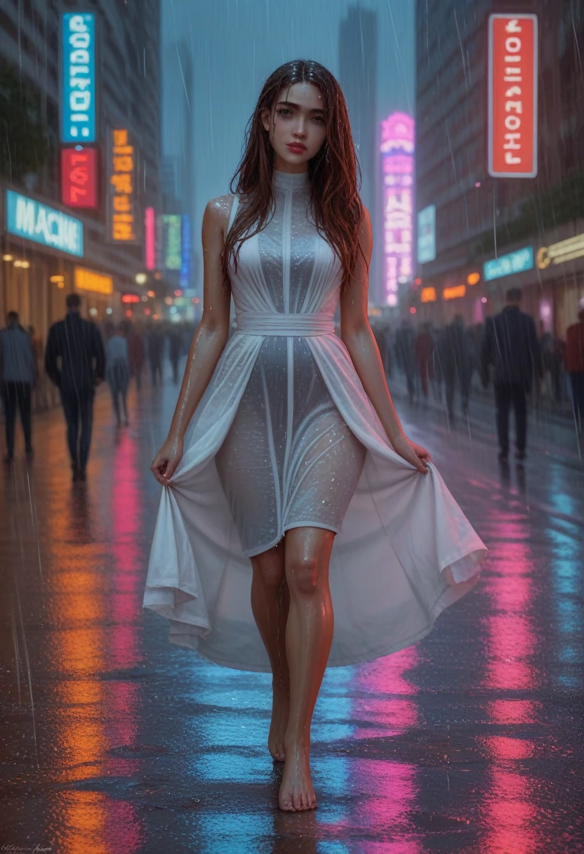 a beautiful cyborg woman, intricate details, masterpiece, absurdres, beautiful figure, slim body, magnificent anatomy, intricate details:1.12, HDR, intricate details, hyper-detailing:1.15, natural skin textures, hyper realistic, soft light, sharp:1.2, walking through a crowded city street, squatting, wet dress, performance, defile, cityscape, modern architecture, neon lights, rainy environment, reflective surfaces, dramatic lighting, heavy rain, raindrops, downpour, wet hair, wet pussy, (best quality, 4k, 8k, highres, masterpiece:1.2), vivid colors, high resolution, ultra-detailed, professional, bokeh, portraits