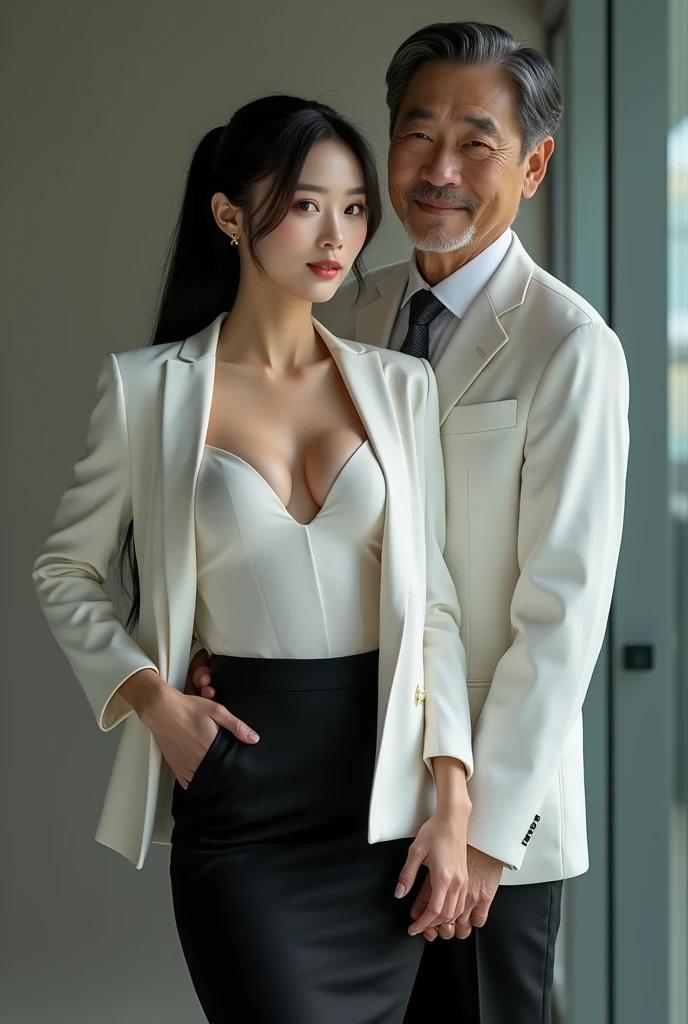 wedding style, skirt, Black formal wear, ((whole body)), Small breasts, slender, 40 year old Japanese, woman, Beautiful face, Are thin, office, highest quality, Ultra-high resolution, (realism: 1.4), Depth of written boundary, Beautiful Face, (Purelos Face_v1: 0.8), Two people,(Real Bra:1.0), Natural Makeup,