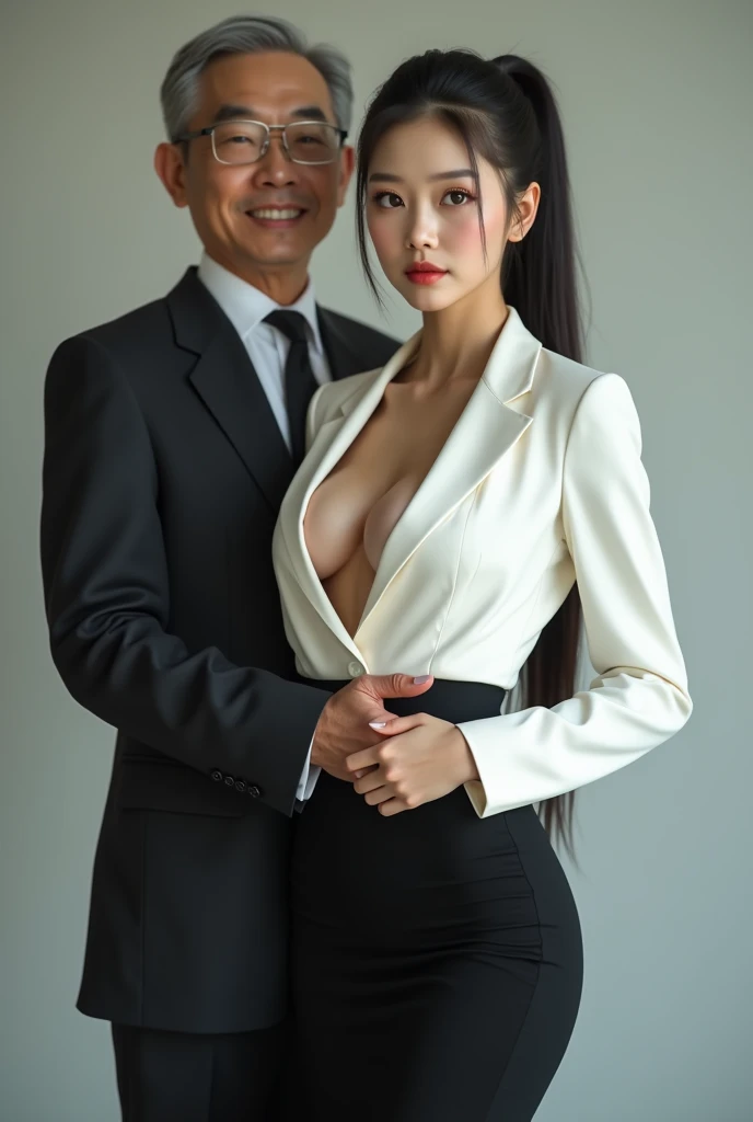 (8K, RAW photo, best quality, masterpiece:1.3), (realistic, photo-realistic:1.37), realistic skin texture, (photorealistic:1.3), (hyperrealistic:1.2.3.4), super sexy young Korean woman, long black hair in a ponytail, large breasts, busting out massive cleavage, fit physique, white blazer jacket and black pencil skirt, high heels, taking a picture with her older boss