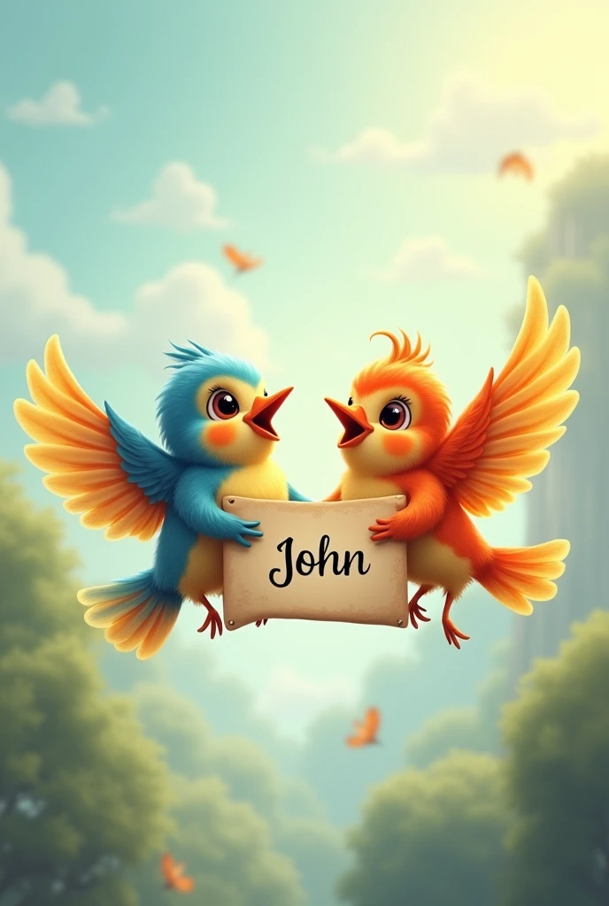 Two little birds smiling, flying head on, carrying a scroll together with the name John