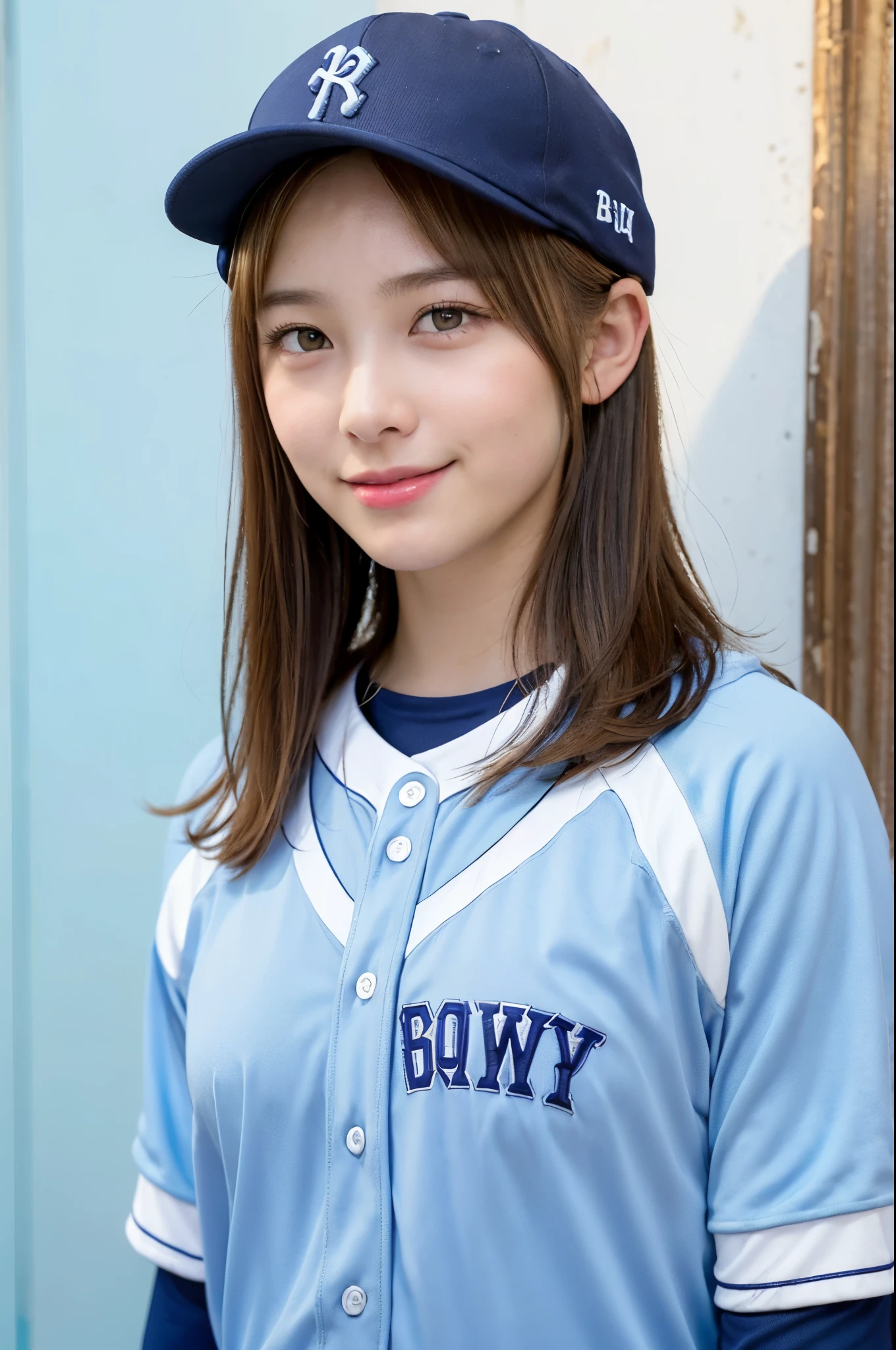 (Highest quality、8k、32K、masterpiece)、(Realistic)、(Realistic:1.2)、(High resolution)、Very detailed、Very beautiful face and eyes、Tight waist、(close、Highest quality、Attention to detail、Rich skin detail)、(Highest quality、8k、Oil paints:1.2)、(Realistic、Realistic:1.37)、Bright colors、(((Frame In)))、(((blonde)))、(((Cowboy Shot)))、(((Medium Hair)))、(((White wall background)))、(((Fun Expressions)))、(((Baseball uniforms)))、(((Light blue uniform)))、smile、(((Medium Hair、Baseball cap)))