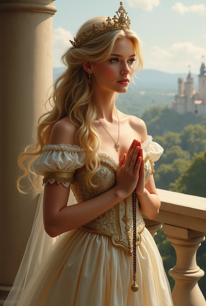 A princess with a blond hair and brown eyes and a beautiful dress waiting in her balcony amd praying in her rosary from her kindom for her true love to come paint with oli