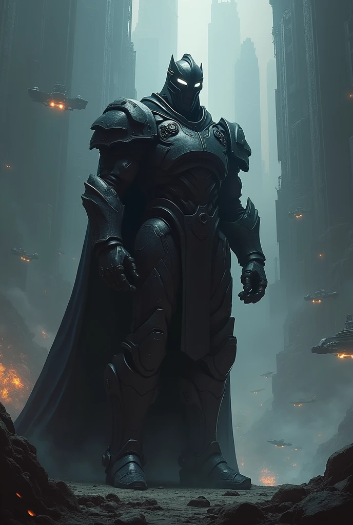 dark and powerful space warrior with a large dark space army 