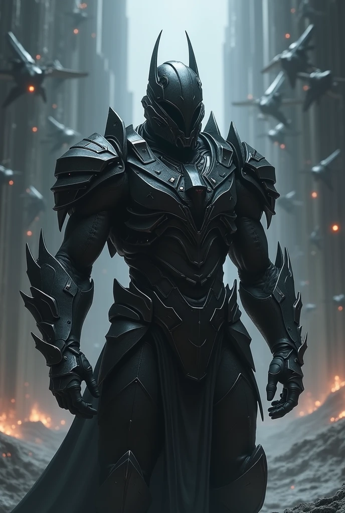 dark and powerful space warrior with a large dark space army 