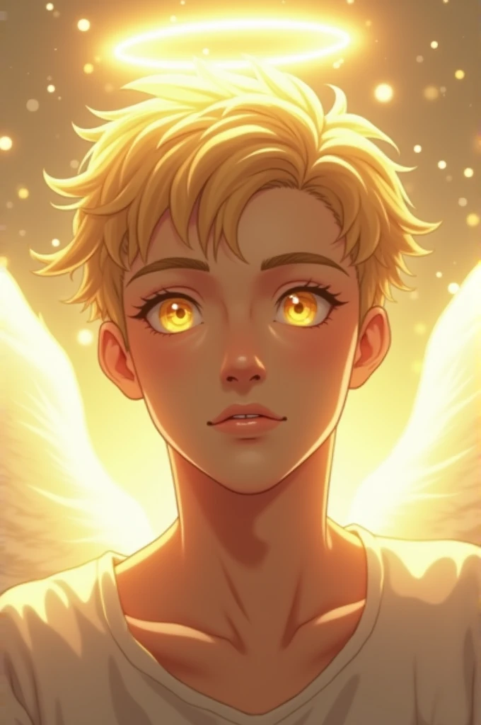 Short haired blond man in his thirties ans shiny golden eyes as an angel, we all see the body