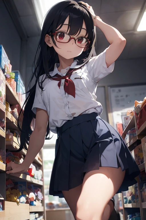 1 female, as a child, aqua long hair, child body, school uniform, red eyes, glasses, toy store, toys, dark sky