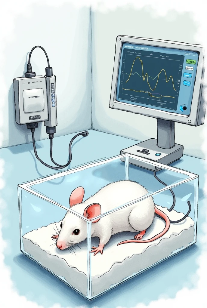 hand drawn drawing of a white mouse lying in a clear box having its blood pressure measured telemetrically with transducer wires attached to a black ribbon on its tail in a laboratory, showing the computer