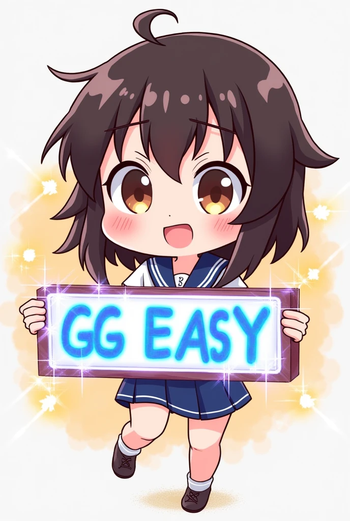 Animated text sign saying GG easy held by Ijiranaide Nagatoro in chibi style 