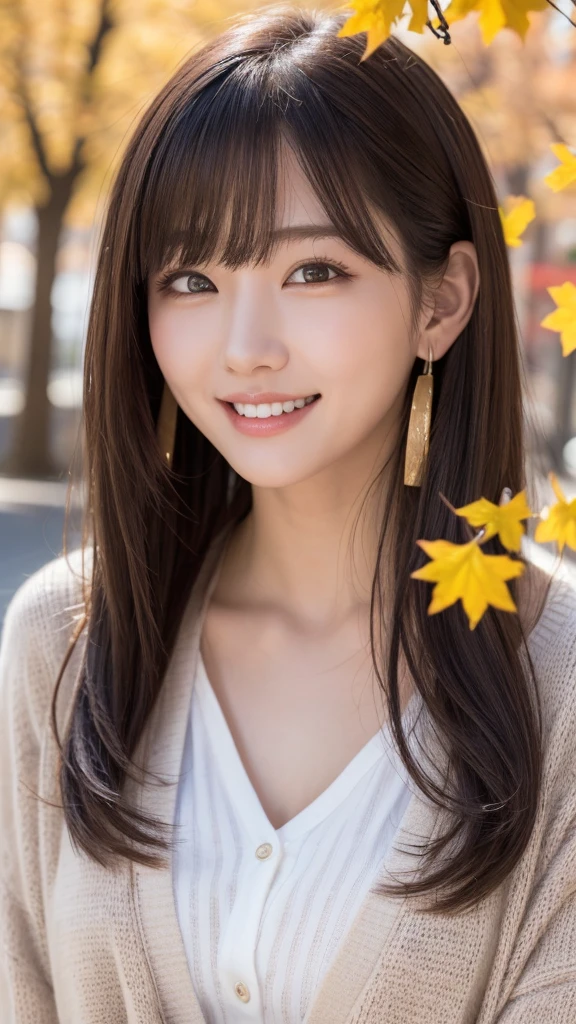 one girl, (a beauty girl, Delicate girl:1.3), (:1.3),
break, (Tree-lined avenue in autumn:1.2), (cardigan:1.2),
break, very fine resolution, (symmetrical eyes:1.3),
break, small breasts, brown eyes, parted bangs, brown hair, girl,
break, (Eye and face details:1.0), (get closer to the face, zoom in on the face, face focus:1.0),
break, (masterpiece, highest quality, super detailed, detailed face, 8K)、From above、earrings、hair blowing in the wind、blush your cheeks、smile、white teeth、high angle、super realistic photos、Ginkgo leaves on my head
