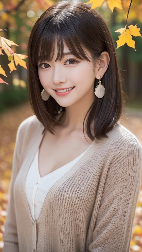 one girl, (a beauty girl, Delicate girl:1.3), (:1.3),
break, (Tree-lined avenue in autumn:1.2), (cardigan:1.2),
break, very fine resolution, (symmetrical eyes:1.3),
break, small breasts, brown eyes, parted bangs, brown hair,  girl,
break, (Eye and face details:1.0), (get closer to the face, zoom in on the face, face focus:1.0),
break, (masterpiece, highest quality, super detailed, detailed face, 8K)、From above、earrings、hair blowing in the wind、blush your cheeks、smile、white teeth、high angle、super realistic photos、Ginkgo leaves on my head