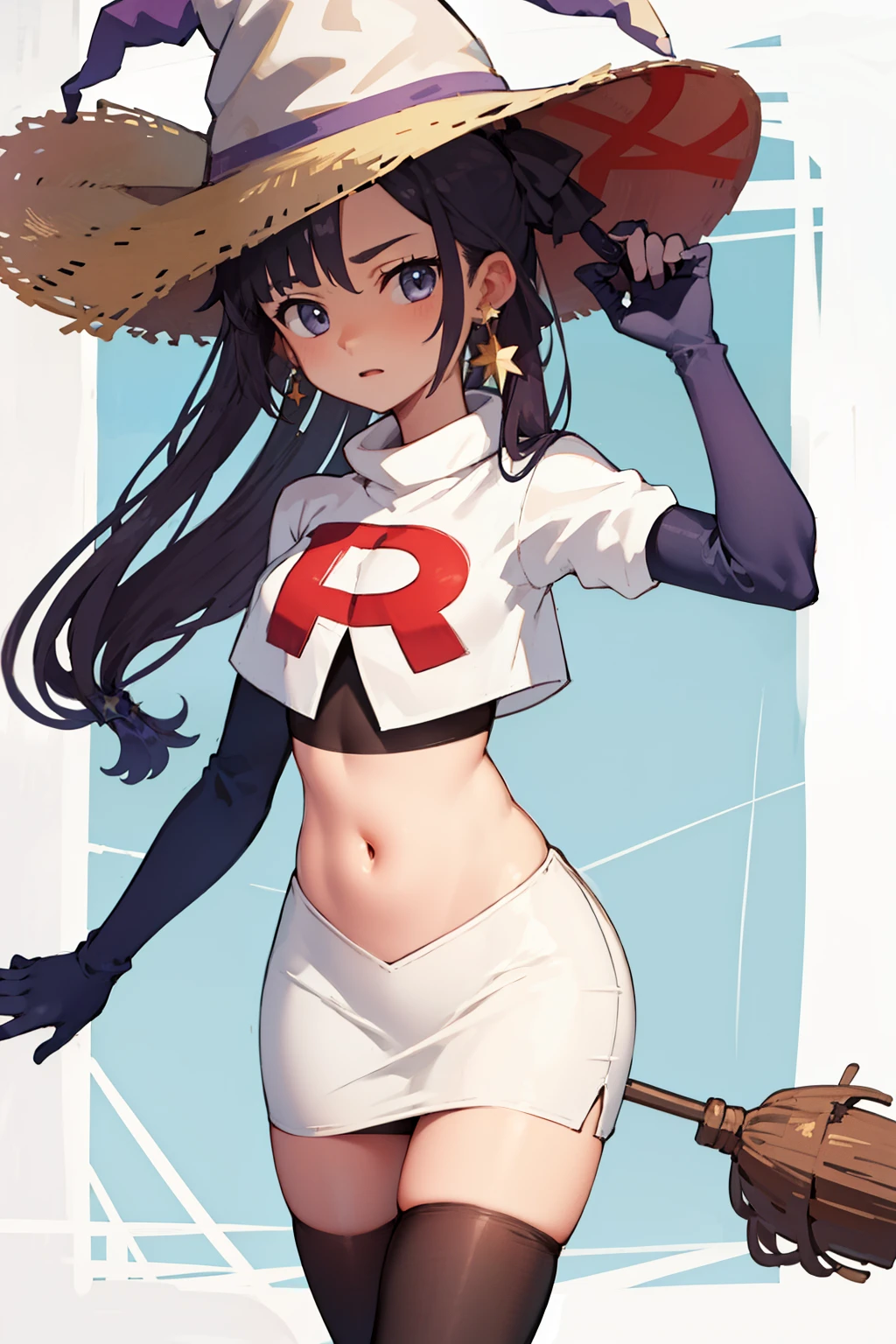 ((masterpiece,best quality)), team rocket,team rocket uniform,white skirt,red letter R,crop top,black thigh-highs,black elbow gloves, purple_hair, zettai ryouiki, aamona, long hair, twintails, star_earrings,hair ornament, hat, jewelry, star_\(symbol\), witch_hat, earrings, purple headwear, cowboy shot,