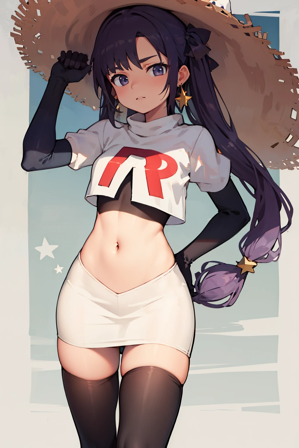 ((masterpiece,best quality)), team rocket,team rocket uniform,white skirt,red letter R,crop top,black thigh-highs,black elbow gloves, purple_hair, zettai ryouiki, aamona, long hair, twintails, star_earrings,hair ornament, hat, jewelry, star_\(symbol\), witch_hat, earrings, purple headwear, cowboy shot,