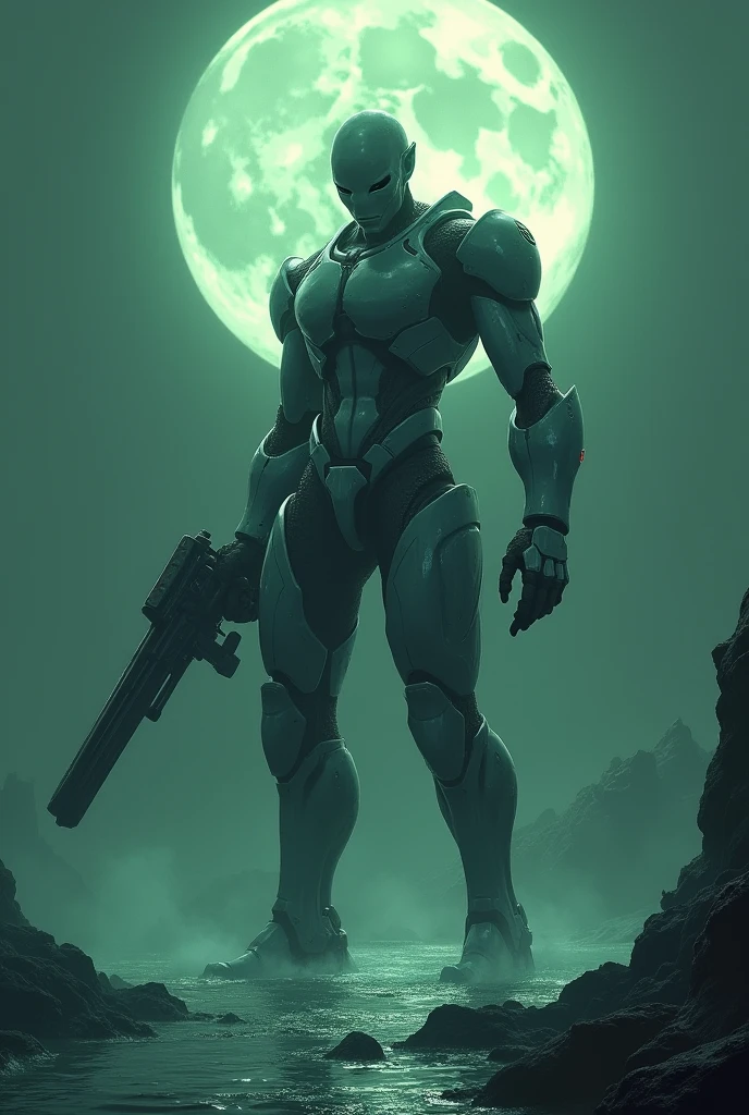 ((best quality)), ((masterpiece)), (detailed) alien human size, big eyes (black) bald and big head. using futuristic equipment and armor in above sea water. (green night)