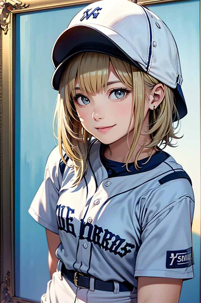 (Highest quality、8k、32K、masterpiece)、(Realistic)、(Realistic:1.2)、(High resolution)、Very detailed、Very beautiful face and eyes、Tight waist、(close、Highest quality、Attention to detail、Rich skin detail)、(Highest quality、8k、Oil paints:1.2)、(Realistic、Realistic:1.37)、Bright colors、(((Frame In)))、(((blonde)))、(((Cowboy Shot)))、(((Medium Hair)))、(((White wall background)))、(((Fun Expressions)))、(((Baseball uniforms)))、(((Light blue uniform)))、smile、(((Medium Hair、Baseball cap)))