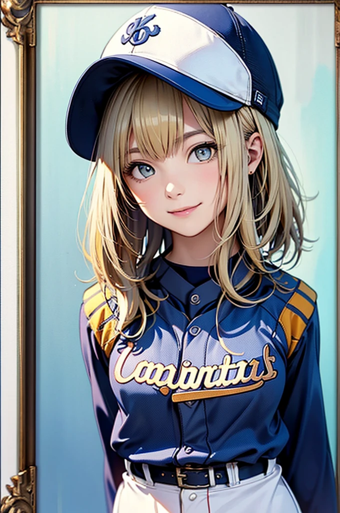 (Highest quality、8k、32K、masterpiece)、(Realistic)、(Realistic:1.2)、(High resolution)、Very detailed、Very beautiful face and eyes、Tight waist、(close、Highest quality、Attention to detail、Rich skin detail)、(Highest quality、8k、Oil paints:1.2)、(Realistic、Realistic:1.37)、Bright colors、(((Frame In)))、(((blonde)))、(((Cowboy Shot)))、(((Medium Hair)))、(((White wall background)))、(((Fun Expressions)))、(((Baseball uniforms)))、(((Light blue uniform)))、smile、(((Medium Hair、Baseball cap)))