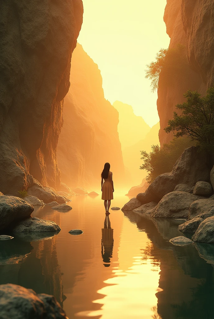 Create a valley of mirrors with warm and golden tones where each rock has a mirror and draws a single female person. 