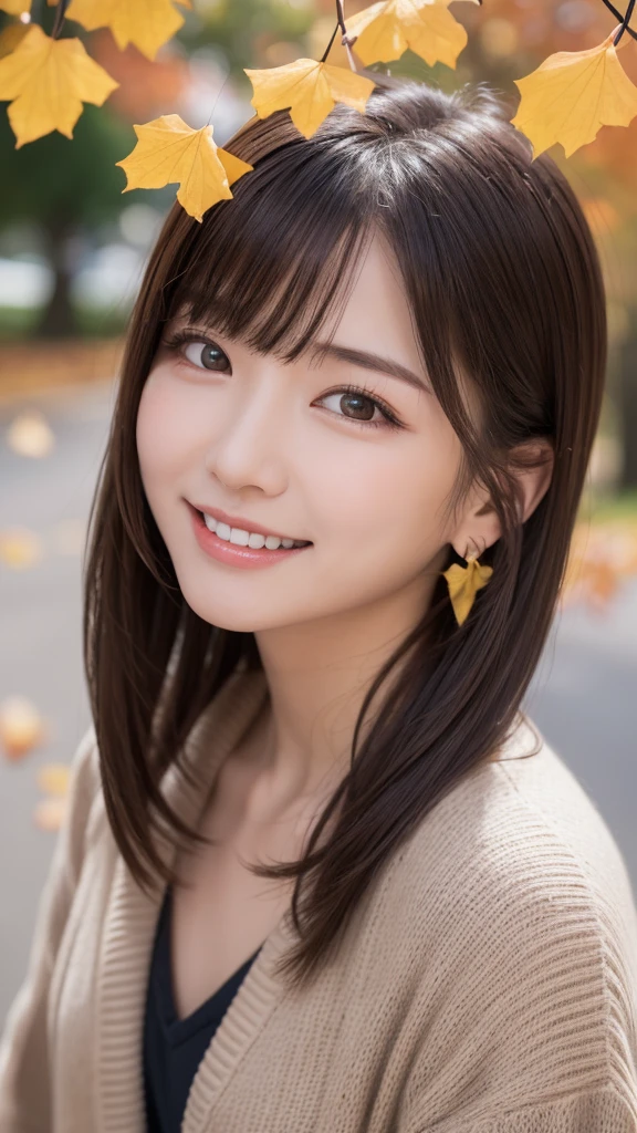 one girl, (a beauty girl, Delicate girl:1.3), (:1.3),
break, (Tree-lined avenue in autumn:1.2), (cardigan:1.2),
break, very fine resolution, (symmetrical eyes:1.3),
break, small breasts, brown eyes, parted bangs, brown hair,  girl,
break, (Eye and face details:1.0), (get closer to the face, zoom in on the face, face focus:1.0),
break, (masterpiece, highest quality, super detailed, detailed face, 8K)、From above、earrings、hair blowing in the wind、blush your cheeks、smile、white teeth、high angle、super realistic photos、Ginkgo leaves on my head