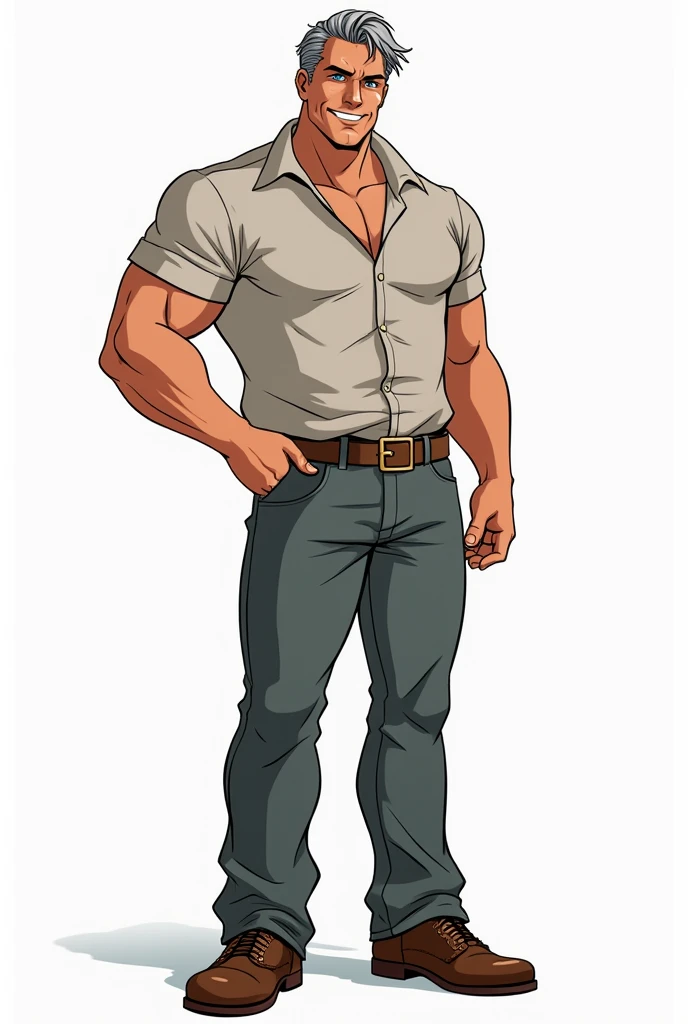 Character of a smiling adult male named John Smith. He has fair skin with a few freckles, short gray hair slicked back with hints of brown, and intense blue eyes with a watchful expression. His build is stocky and muscular. The style should mix 1980s comic book art with 1980s anime, Different angles, character sheet, white background --3:2 aspect ratio, different poses