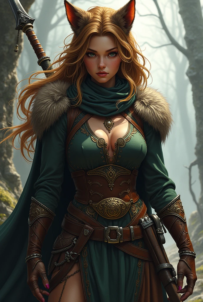 Très belle jeune femme avec une queue de loup, elle porte une tenue de guerrière, elle tient une épée dans sa main