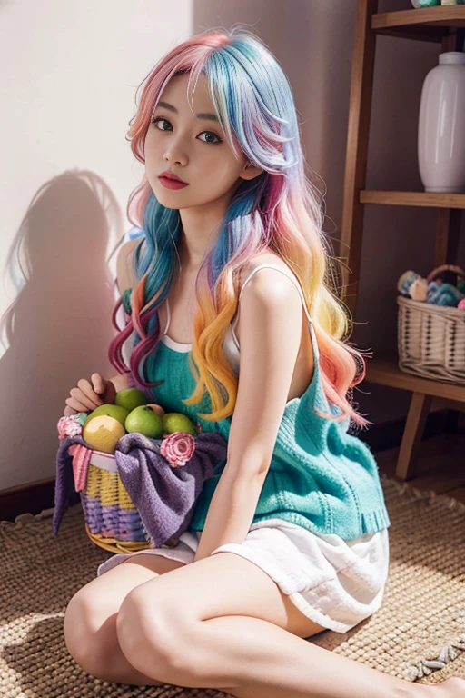 Highest quality,High resolution,Japanese girl sitting on the floor holding a basket of fruit and flowers, Two-tone hair, long hair with pastel colours, aurora Colored Hair, Colorful pastels, Hair Color, multiColored Hair, Colorful long hair, Two-tone hair dye, Colorful Hair, Gradient Hair, pastel colour, Colored Hair, Bright rainbow hair colors