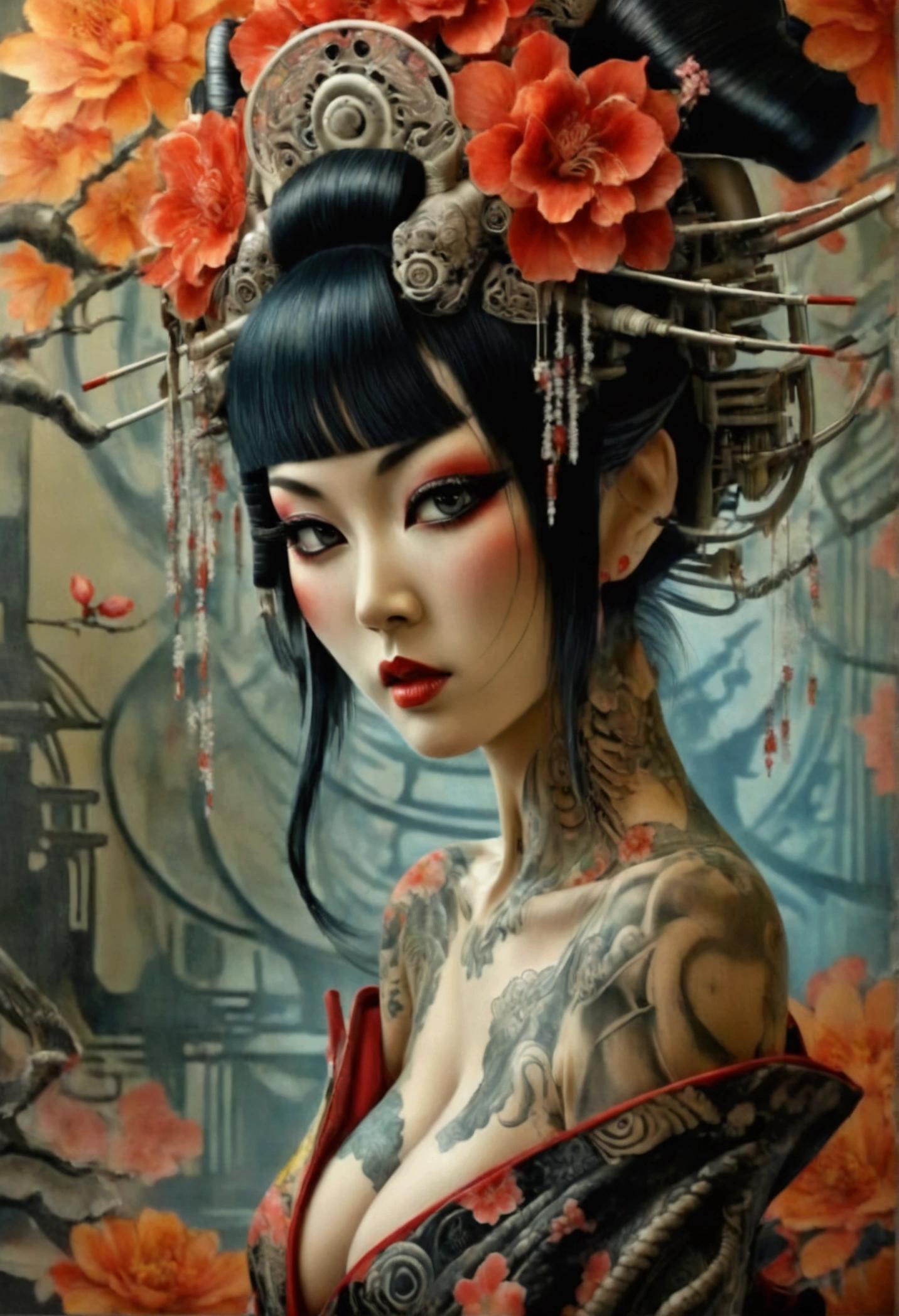 Stunningly gorgeous beautiful perfect hr giger inspired inspired tattooed sexy seductive Geisha, perfect face, hyper detailed vibrant eyes, large breasts, full body view, nude, no color black and gray only, show complete body,