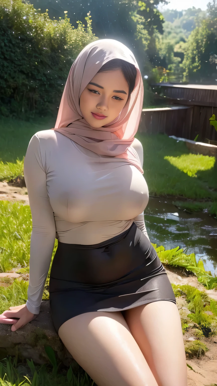 (best quality,4k,highres,masterpiece:1.2),ultra-detailed,(realistic,photorealistic,photo-realistic:1.37),
woman with hijab lying on the muddy paddy rice field, wet body soaked, huge breast, show pubic hairs wet,
portrait,detailed facial features,long dark hair,beautiful brown eyes with a sense of innocence,warm brown skin,natural blush on cheeks,plump lips with a touch of pink,colorful patterned hijab,
landscape,breathtaking view,misty morning atmosphere,sunrise over the horizon,golden sunlight casting gentle shadows on the field,lush green paddy rice plants swaying in the wind,
scenery,peaceful surroundings,sprawling muddy field,reflections of sunlight on the waterlogged soil,dark brown mud between the toes,
atmosphere,calm and serene atmosphere,feeling of tranquility,soft breeze rustling through the crops,sound of distant birds chirping,
clothing,stylish bra and mini skirt in vibrant colors contrasting with the natural surroundings,wet fabric clinging to the curves of her body,hint of sensuality and empowerment,
body language,relaxed posture,lying on her side with her head propped up on one hand,legs stretched out in front of her,communicating a sense of contentment and ,
emotion,contentment and joy radiating from her smile,inner peace reflected in her eyes,
details,droplets of water glistening on her skin,subtle sweat on her forehead,dew drops on the paddy rice leaves,beautiful lotus flower blooming nearby,
lighting,dramatic lighting,soft golden sunlight casting warm tones and shadows on the woman and the field,magical play of light and shadow,
color palette,rich and vibrant colors,natural earthy tones of the field,contrasting with the colorful hijab,
art style,realistic portrait with a touch of fantasy,blending elements of traditional and contemporary art,
atmospheric perspective,subtle mist in the distance,creating depth and adding a sense of mystery,
composition,woman positioned off-center,creating a sense of space and allowing viewers to appreciate the
