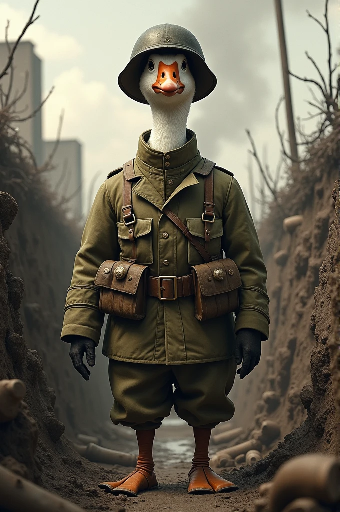 Goose dressed as a soldier in a trench