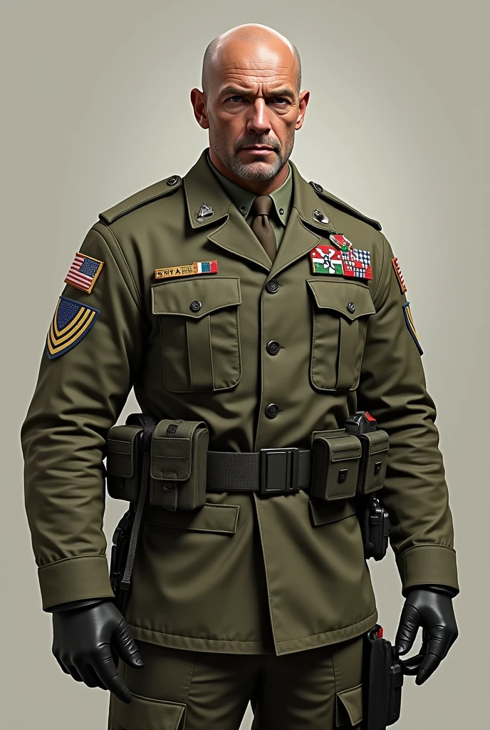 create a 30 year old bald man in military clothing