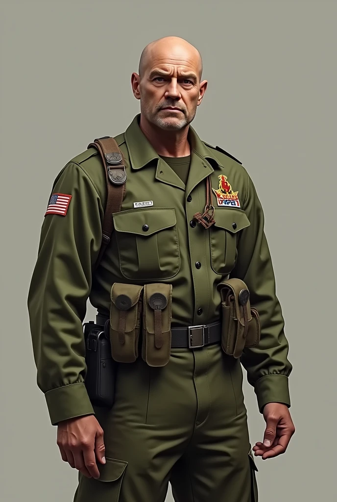 create a 30 year old bald man in military clothing