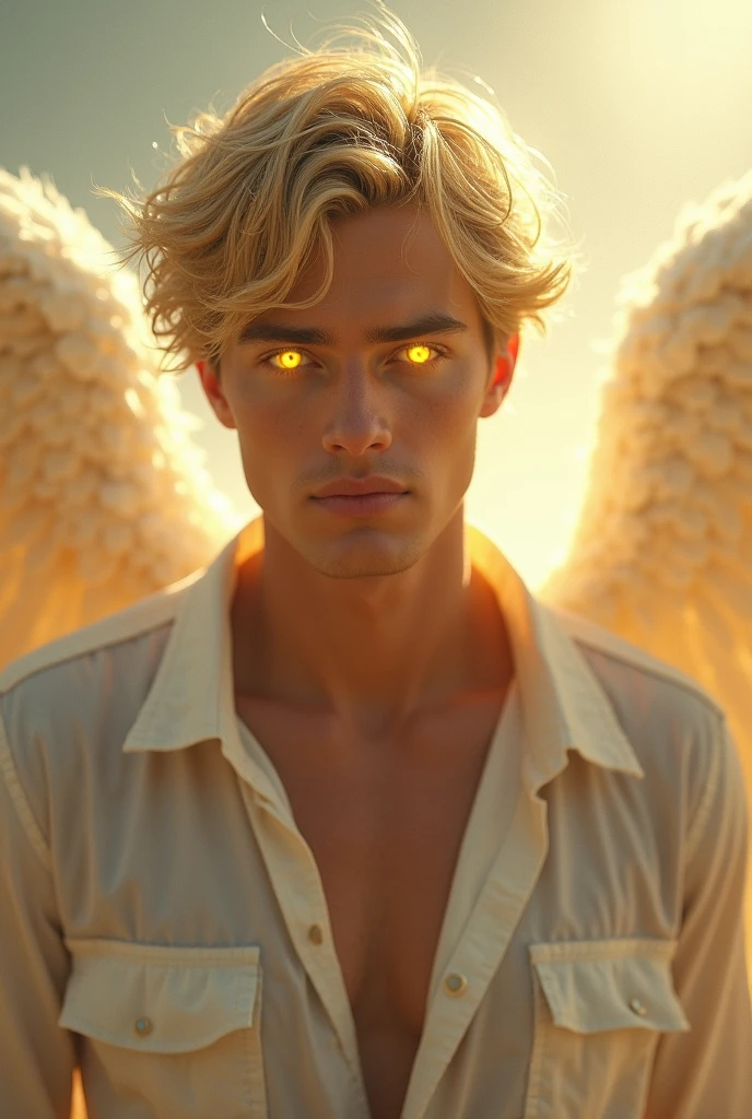 Short haired blond man in his thirties and shiny golden eyes as an angel, we all see the body