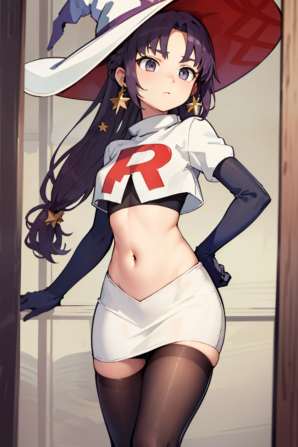 ((masterpiece,best quality)), team rocket,team rocket uniform,white skirt,red letter R,crop top,black thigh-highs,black elbow gloves, purple_hair, zettai ryouiki, aamona, long hair, twintails, star_earrings,hair ornament, hat, jewelry, star_\(symbol\), witch_hat, earrings, purple headwear, cowboy shot,