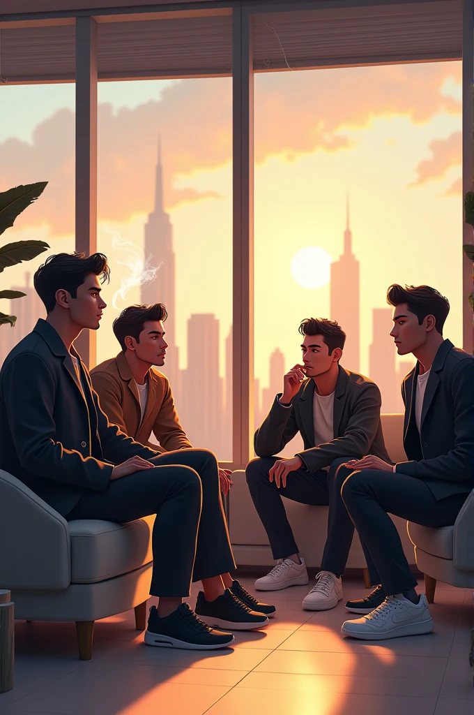 Make for me an animation picture of 4 elegant looking men in wearing cool street wear, on an nice apartment by the window smoking and thinking 