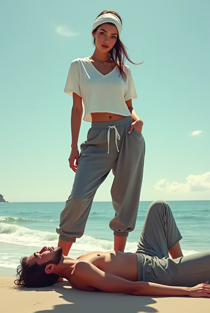  Headscarf on the beach, grey baggy sweatpants, barefoot, sexy skinny woman in white long sleeve t-shirt. Man lying in front of woman. Woman puts her foot on man&#39;s sweatpants. 