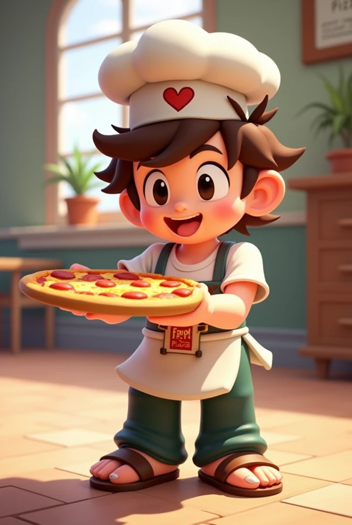 Tosatte is a brawler from the game Brawl Stars who is passionate about pizza., whose main weapon is a pizza grabber. He is Fang&#39;s younger brother.,Tosatte has a chef hat on, her brown hair sticks out of the hat,he has a white t-shirt and a white apron with a pizza logo,your dark green pants,he wears a brown sandal,your eyes are very bright and your smile shows a lot of charisma,he is holding a pizza