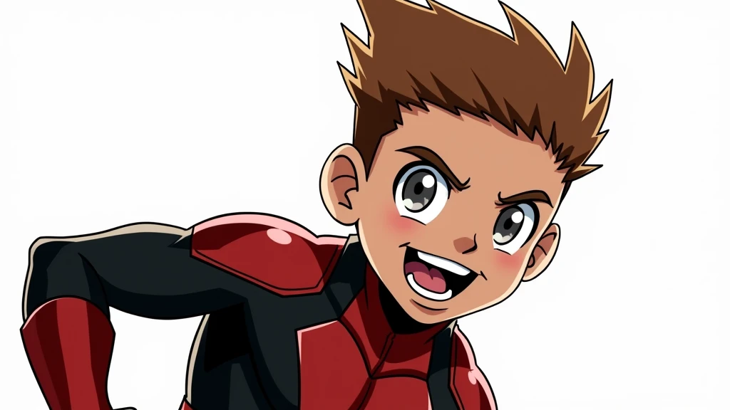 Super boy, light brown hair, wearing a superhero outfit, red on black, shiny gray eyes, open mouth, clear teeth, high quality, a masterpiece of art.