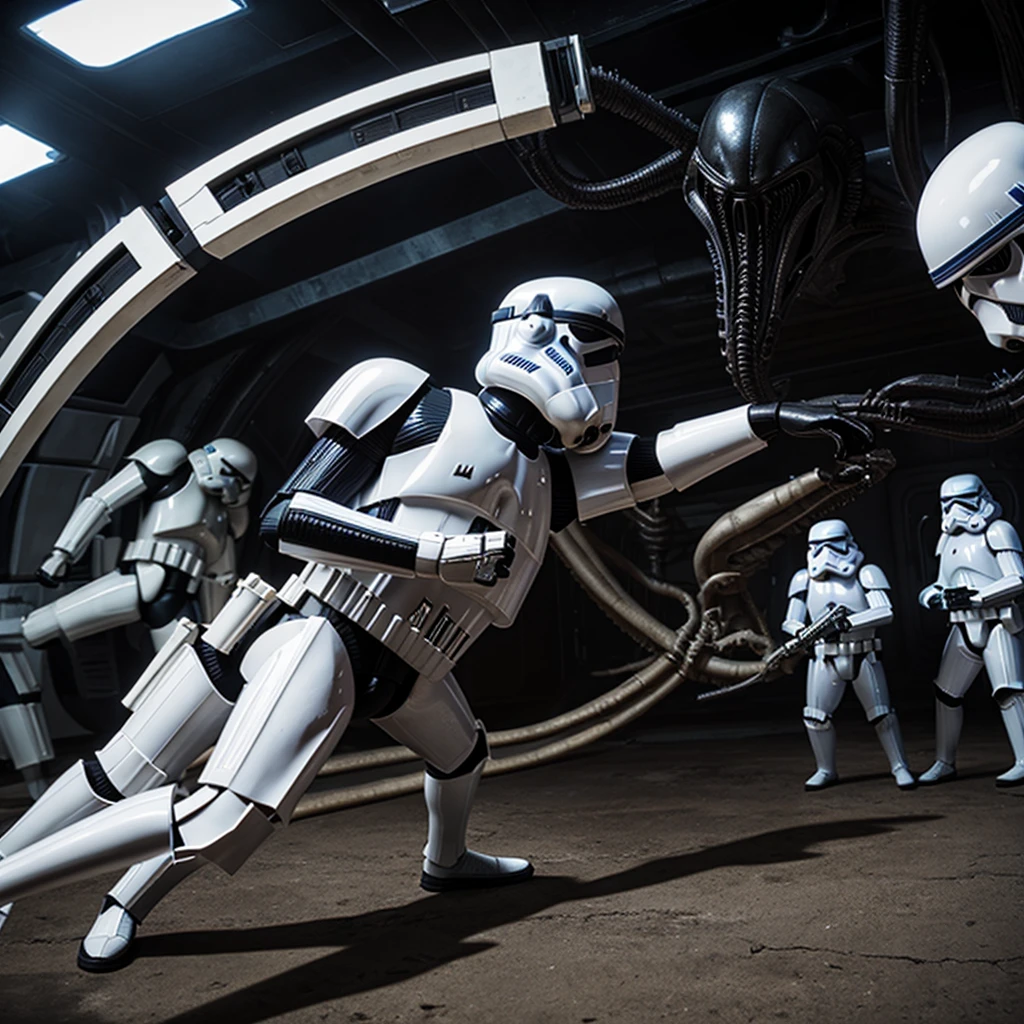 A starwars stormtrooper fighting a group of aliens xenomorphs.
