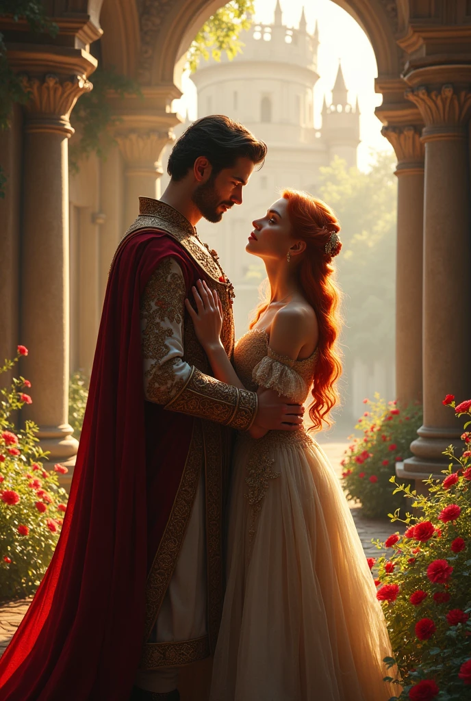 a prince and a redheaded commoner in a castle with a beautiful garden background, 1girl, 1boy, medieval castle, princess, prince charming, redhead, ornate dress, regal pose, elegant, lush garden, blooming flowers, sunlight, intricate architecture, highly detailed, cinematic lighting, dramatic colors, fantasy, digital art