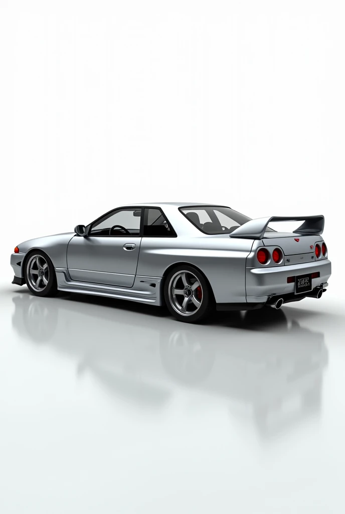A factory stock Nissan R32 GTR painted silver, white background