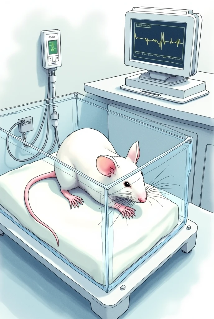 hand drawn drawing of a white mouse lying in a clear box having its blood pressure measured telemetrically with transducer wires attached to a black ribbon on its tail in a laboratory, showing the computer