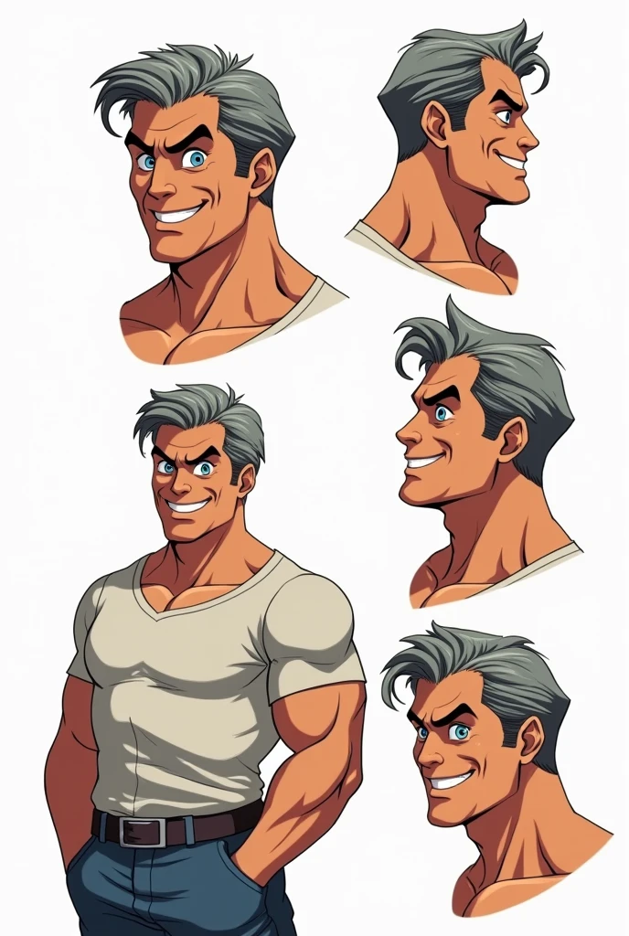 Character of a smiling adult male named John Smith. He has fair skin with a few freckles, short gray hair slicked back with hints of brown, and intense blue eyes with a watchful expression. His build is stocky and muscular. The style should mix 1980s comic book art with 1980s anime, Different angles, character sheet, white background --3:2 aspect ratio, different poses